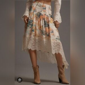 Anthropologie Skirt Medium Floral Asymmetrical Lace